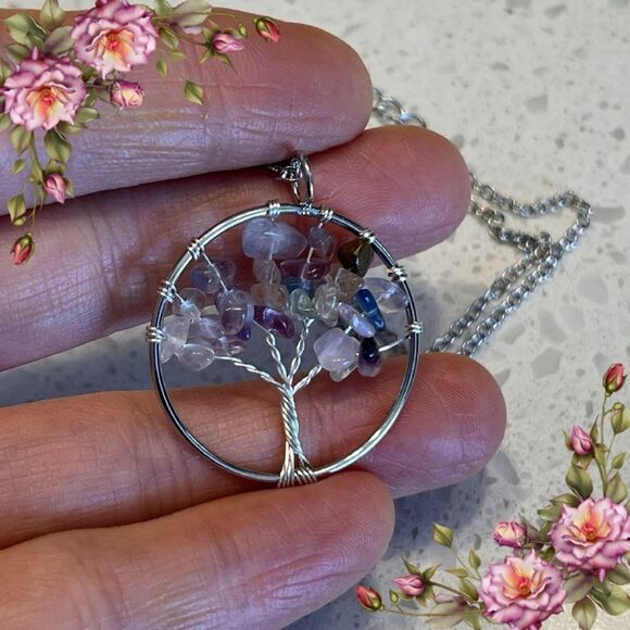Crushed Stone Silver Color Tree Of Life Necklace - Picture 1 of 9